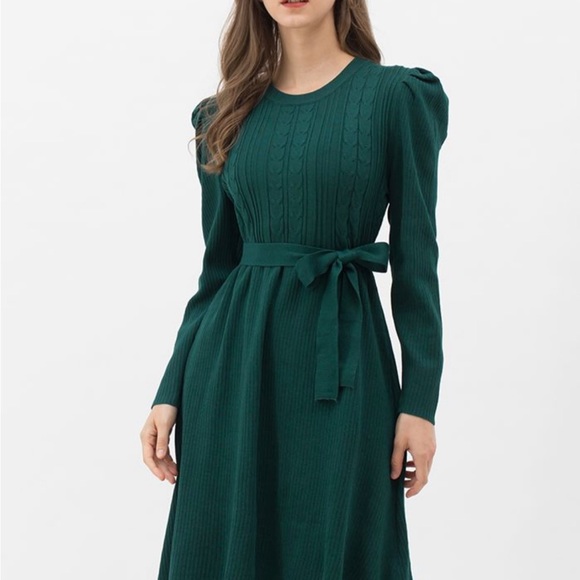 HOST PICK⭐️BRAID KNIT GIGOT SLEEVE MIDI DRESS IN DARK GREEN - Picture 5 of 11